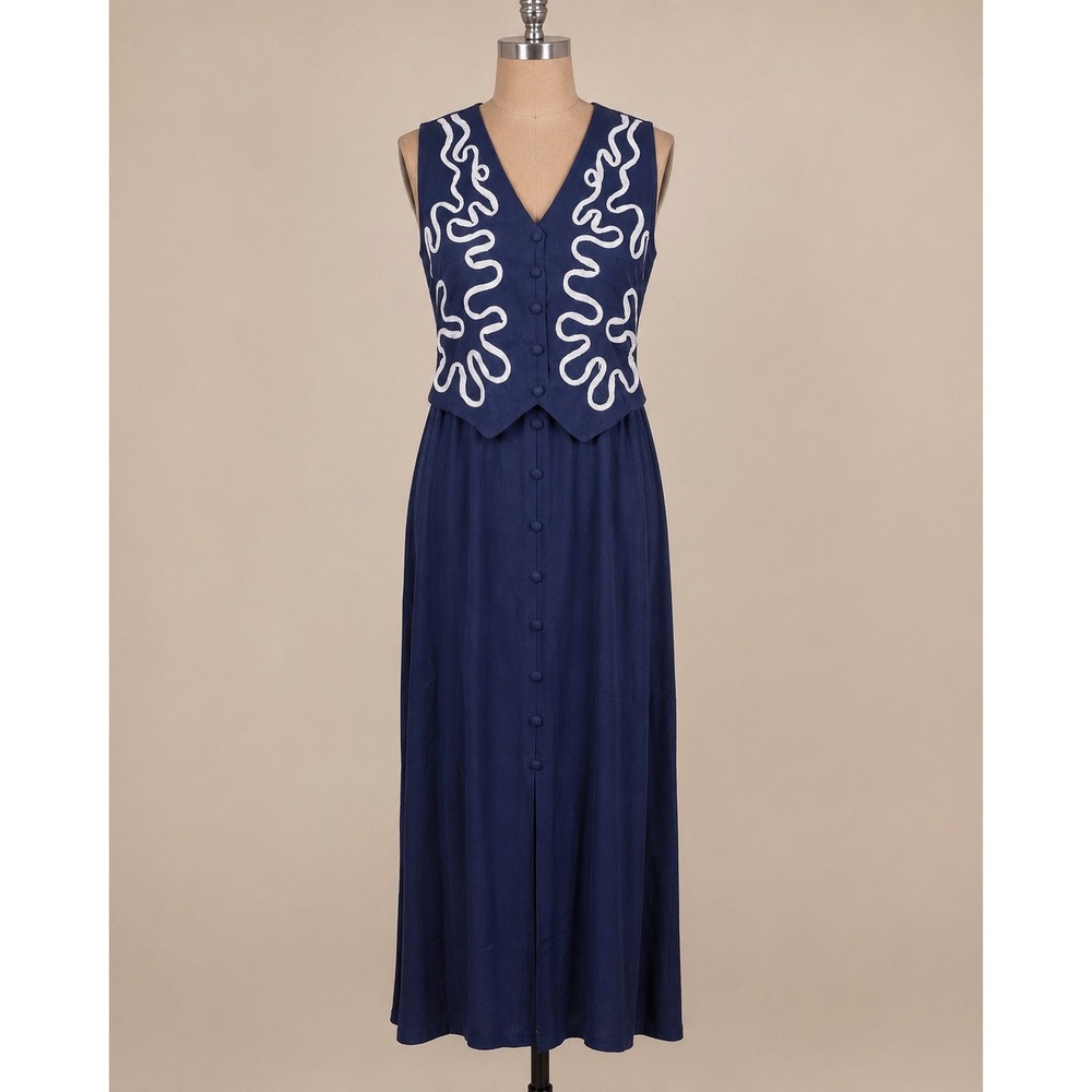 Vintage Breakin Loose Navy  Soutache Embroidered Maxi Dress 90s Made in USA 8/10